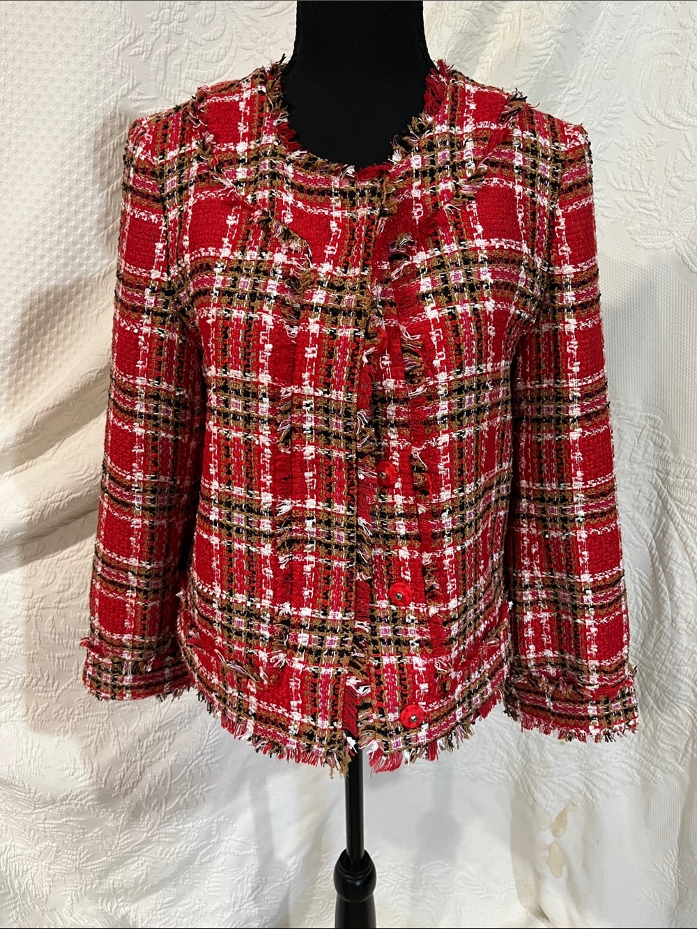 Ann Taylor Red‎ Tweed Fringe Jacket, size 6